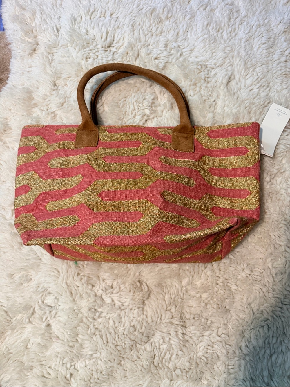 NWT Guadalupe Coral and Gold Geometric Tote with Tan Handles - Picture 2 of 8